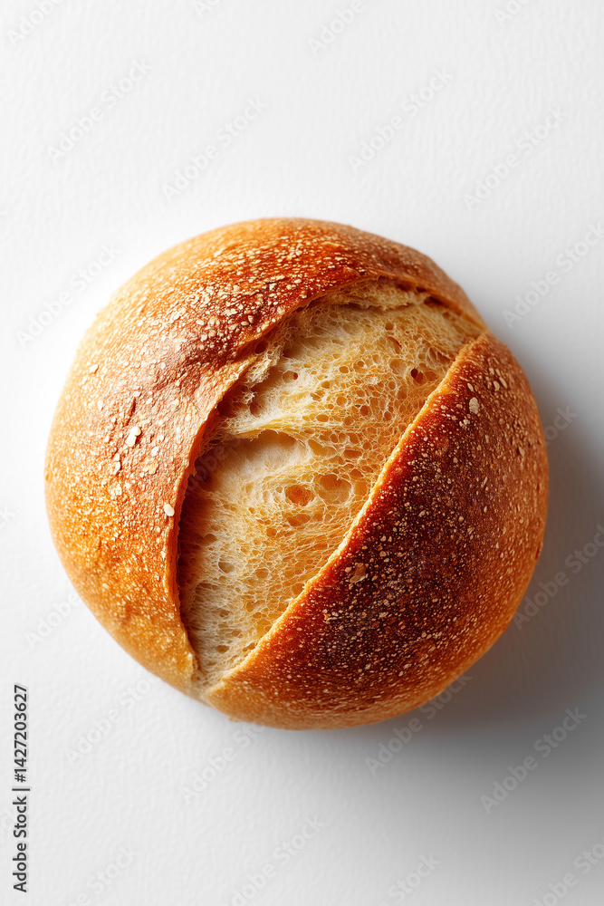 Poster minimalist presentation of small round wheat loaf with soft crust atop a clean white surface. concep
