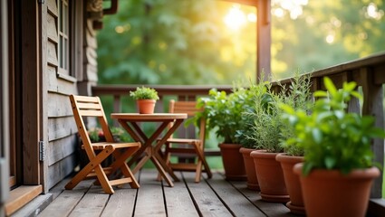 Fototapeta premium Rustic Porch with Lush Plants and Warm Sunlight