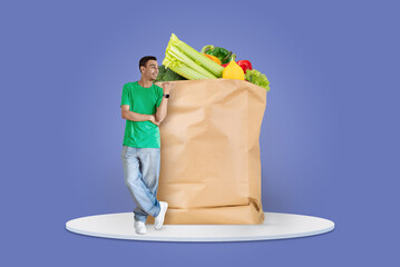 A shopper stands beside a large paper bag filled with fresh groceries. These items symbolize the...