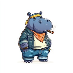 hippo in streetwear outfit cartoon design white background