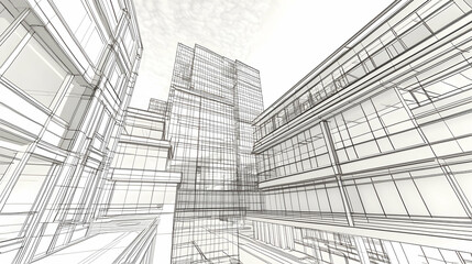 Modern city architectural design, wireframe rendering, urban landscape, construction planning