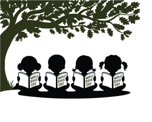 A silhouette of a girl and boy, icons of children, stand by a tree, a vector illustration of people in nature for World Book Day