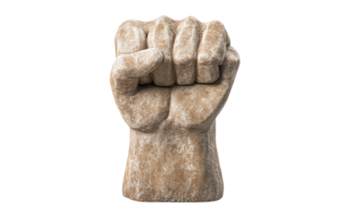 Raised fist sculpture symbolizing worker solidarity and collective empowerment isolated on white background PNG