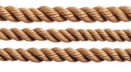 Three parallel thick natural fiber ropes isolated on white.