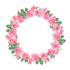 Watercolor hand drawn illustration of a wreath of flowers. Wreath of watercolor roses. Decor for wedding, birthday, children's party and seasonal holidays.