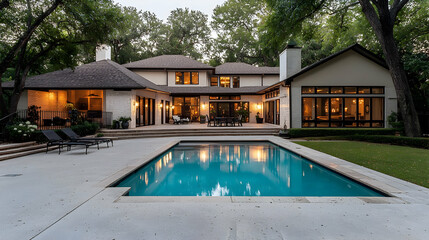 Fototapeta premium Modern House Exterior With Pool At Dusk