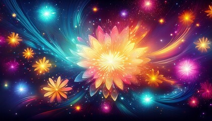 Fototapeta premium Vibrant Light Burst with Flowers and Stars