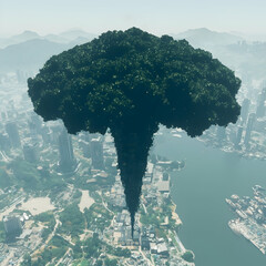 Giant dark cloud over city; apocalyptic scene; environmental disaster; concept art; website banner