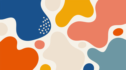 Minimal abstract vector background with organic fluid shapes in soft earth tones, featuring blue, orange, beige, yellow, and coral elements in a modern, playful design