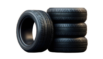 four black car tires stacked on top of each other on a transparent background