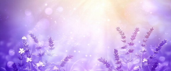 Dreamy lavender field at sunset with glowing bokeh and soft sun rays background