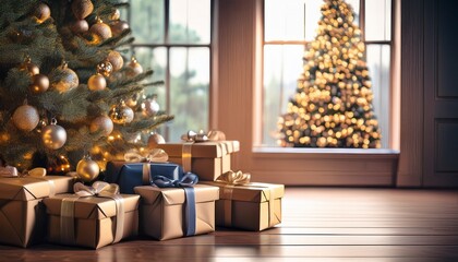 decorative holiday gifts placed elegantly near a beautifully adorned christmas tree