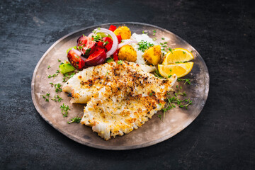 Traditional Greek calamari grilled with vegetable and tzaziki served as close-up on a rustic design plate