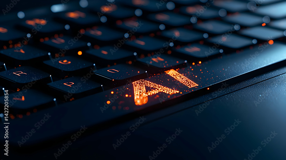Poster close-up of illuminated ai letters on a black keyboard