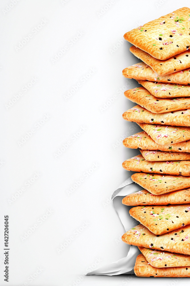 Poster crispbread slices arranged in a stack against a pristine white background. clean minimalist style em