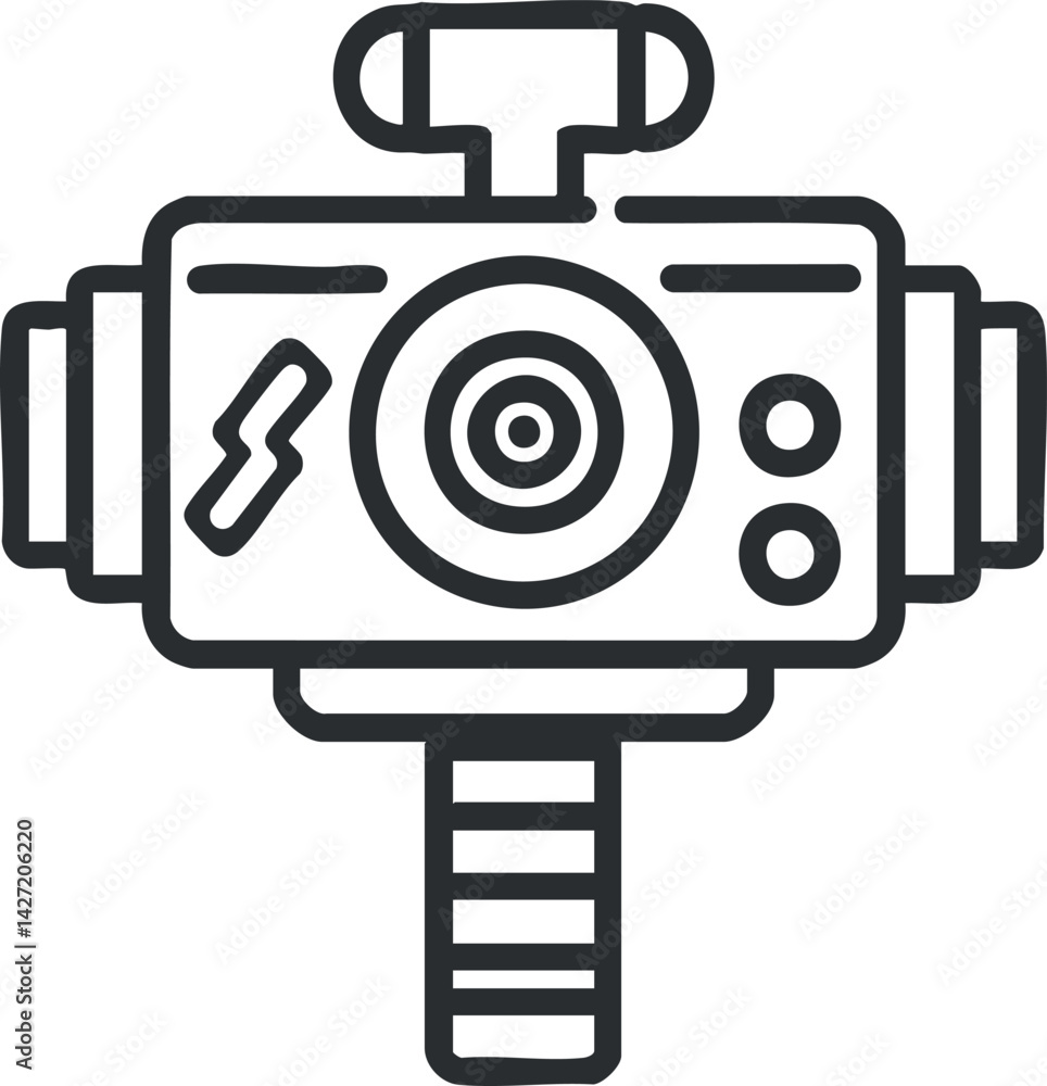 Poster illustration of a futuristic robot gadget with a circular camera lens and control buttons