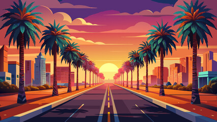 Obraz premium Very beautiful serene boulevard lined with symmetrical palm trees, glowing in sunset warm hues