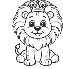 A cute cartoon lion with a crown, embodying a playful and friendly character for children.
