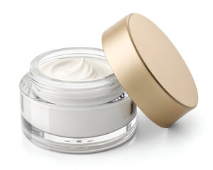 Glass jar with face cream and open beige lid mockup isolated 3d render icon. Realistic cosmetic transparent container, clear package with white beauty skincare product and screw cap. 3D illustration