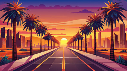 Very beautiful serene boulevard lined with symmetrical palm trees, glowing in sunset warm hues