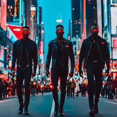 Naklejka premium Three men in black leather jackets and red glasses walk Times Square, NYC, at night