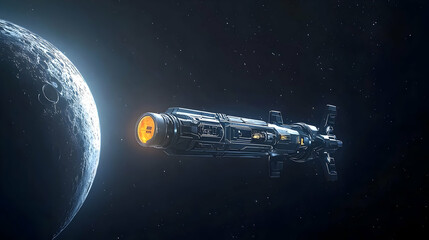 Obraz premium Pixel Art Spaceship Near Moon In Space