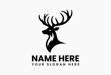 Elegant black deer logo icon vector, minimalist animal silhouette design isolated on white background for nature branding and outdoor identity