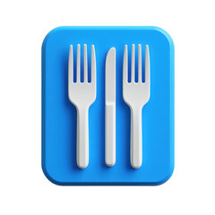 Food service symbol sign with volumetric design on a blue background featuring cutlery components
