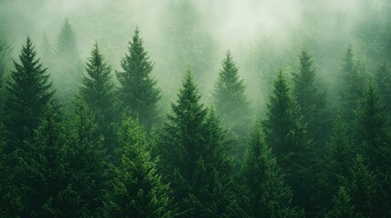 Fototapeta premium Ethereal pine forest landscape veiled in mystic fog, a serene coniferous vista