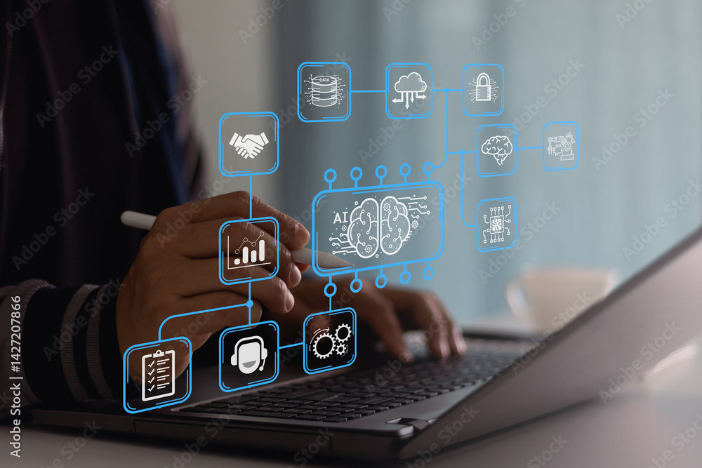 Fototapete businessman is using laptop computer to manage automation technology, ai automation, api automation,