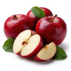 Shiny red apples with slice on white background