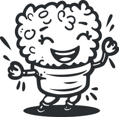 A cheerful cartoon character of a smiling popcorn bucket celebrating with joy and excitement.