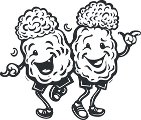 Two cheerful cartoon characters with playful expressions representing snacks having fun together.