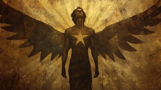 A faded tapestry raguel appears as a stoic figure guiding cosmic fairness an angelic embodiment of balanced order from the Book of Enoch earthen browns and subdued gold form his robes