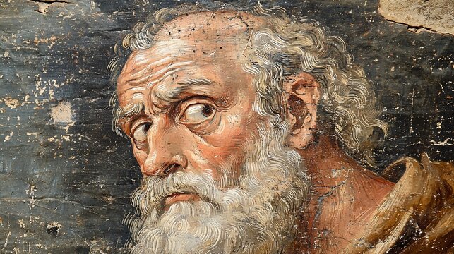 A faded tapestry raguel appears as a stoic figure guiding cosmic fairness an angelic embodiment of balanced order from the Book of Enoch earthen browns and subdued gold form his robes