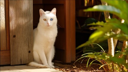 Khao Manee cat sitting near garden door pure white fur striking blue and gold eyes filtered sunlight serene exotic breed realism