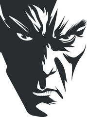 Artistic black and white illustration of a powerful and intense facial expression.