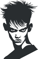 Stylized black and white portrait of a young person with intense expression and unique hairstyle.