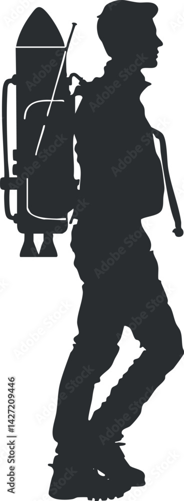 Poster a silhouette of a backpacker equipped with a jetpack symbolizing adventure and exploration.