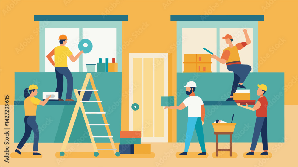 Poster carpenters constructing new walls and partitions to create more functional and open office spaces.. 