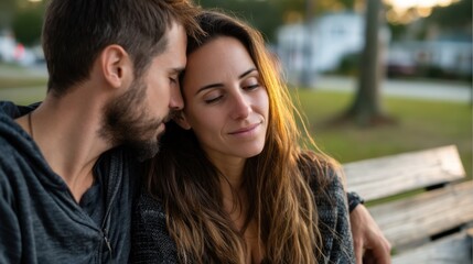Obraz premium Close-up of a Romantic Couple Sitting on a Park Bench with Eyes Closed, Sharing Intimate Moment During Golden Hour
