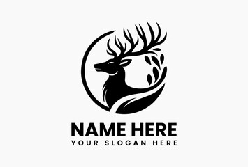 Minimalist deer vector logo icon in black silhouette style, isolated forest animal illustration for outdoor and wildlife-themed branding 