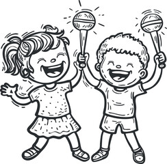 Cheerful children laughing and playing with musical instruments in a joyful outdoor setting.