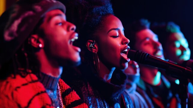 Close-up of a diverse vocal group performing live.