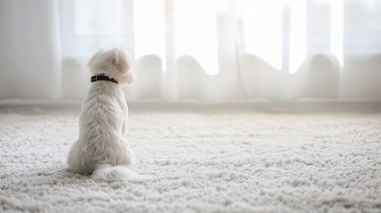 Maltese dog sitting white carpet gentle natural window light clean background soft detailed fur indoor pet lifestyle photo