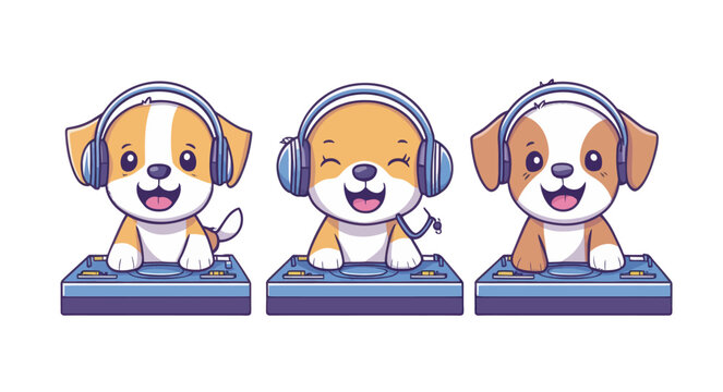 A canine DJ spinning tracks with turntables in a contemporary flat style art piece