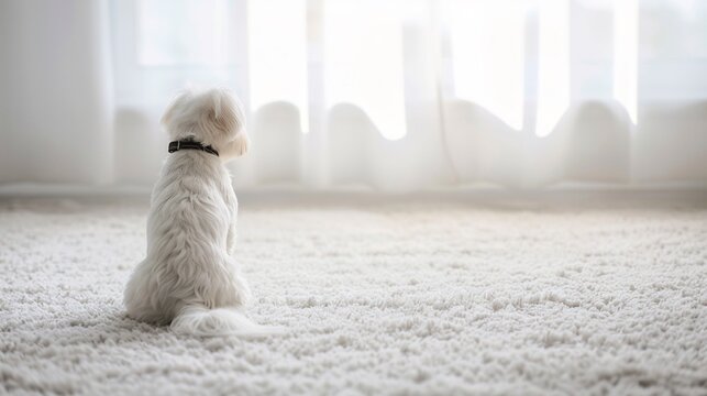 Maltese dog sitting white carpet gentle natural window light clean background soft detailed fur indoor pet lifestyle photo