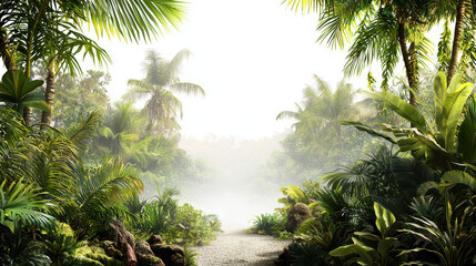 A tranquil path leads through a lush tropical jungle, sunlight filte through the dense canopy creating a serene and inviting natural landscape scene.