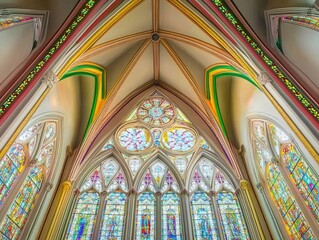 Obraz premium Gothic Church Interior Colorful Stained Glass Majesty.