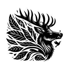 Black antlered deer logo icon in vector format, minimalist silhouette animal design isolated on white background for nature and hunting brand identity